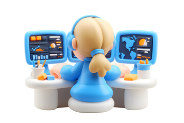 Cartoon worker managing data on multiple monitors, isolated over black background