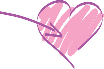 Arrow pointing to heart. Hand drawn with purple marker and colored with pink thick brush. Doodle sketch heart shape.