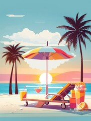 Obraz premium Summer Vacation Beach Illustration — Flat Vector with Palm Trees, Coconut Drink, and Sunset