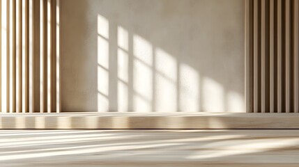 Fototapeta premium Light-filled, minimalist room with wooden accents.