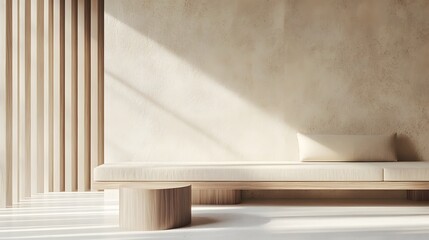 Minimalist, light-filled living area with wooden furniture.