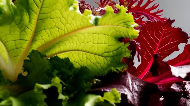 Close-up of vibrant mixed lettuce varieties showing green leaf lettuce, red coral lettuce, and green fris&eacute;e lettuce for salad preparation.