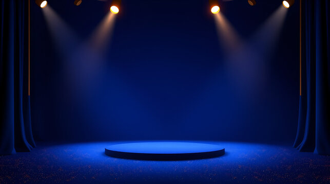 Dark blue stage with golden spotlight lines and glitter texture for award ceremony design. Realistic 3d abstract premium elegant glamour background template for anniversary or winner rewarding.