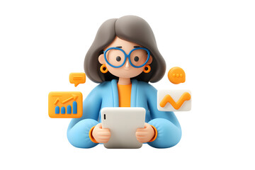 3D Woman with Tablet Analyzing Charts for Financial Growth and Business Strategy