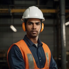 Male worker wearing safety gear with helmet