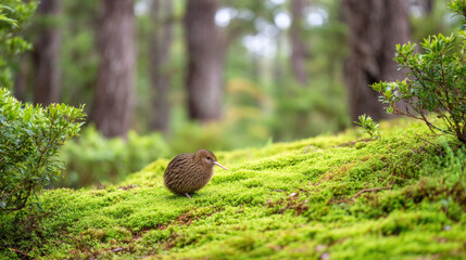 Obraz premium Small camouflaged kiwi bird blends into vibrant green mossy forest floor, creating peaceful and natural scene