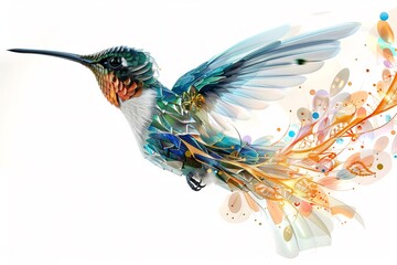 Delicate hummingbird in mid flight shimmering feathers reflecting iridescent hues hyper detailed isolated on a white background