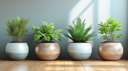 Four potted plants in light-filled room