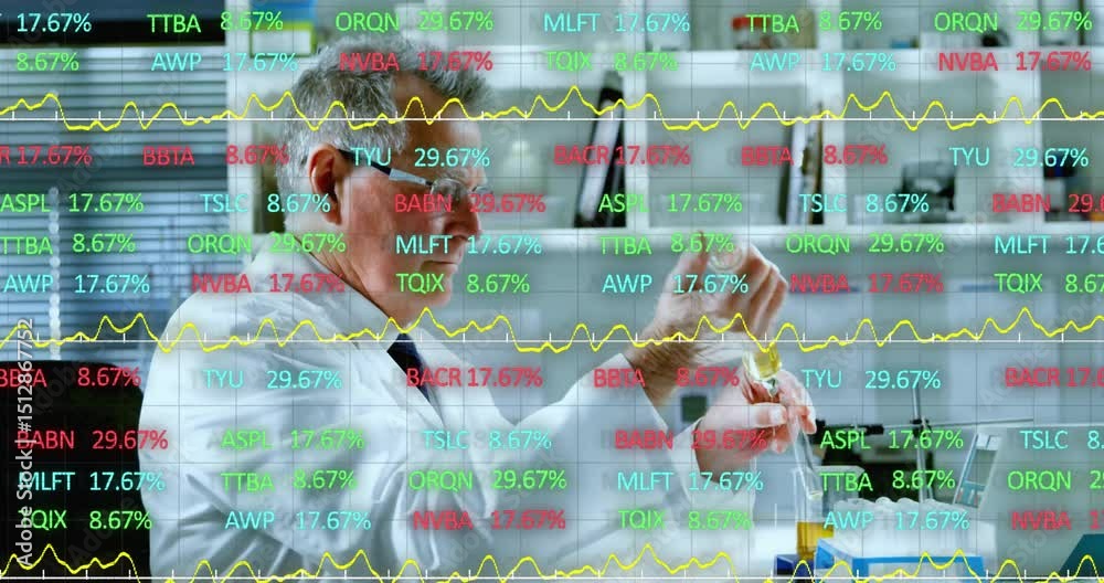 Poster scientist adjusting glasses and grabbing flask in lab for analysis with finance tickers and graphs
