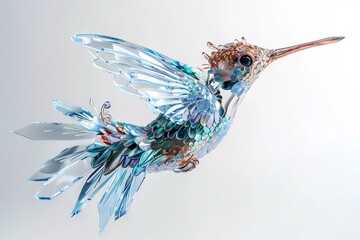 Delicate hummingbird in mid flight shimmering feathers reflecting iridescent hues hyper detailed isolated on a white background