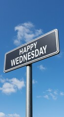 Happy Wednesday Sign Against a Vivid Blue Sky with Fluffy White Clouds: A Cheerful Midweek Message