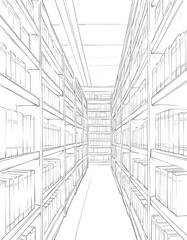 Sketch illustration of an extensive library with filled bookshelves