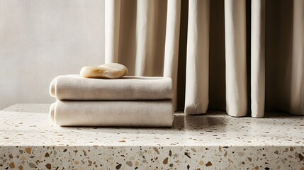 Beige fabric textiles arranged on a speckled countertop.