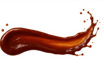 Golden caramel sauce splashing, forming swirling patterns with droplets against transparent backdrop