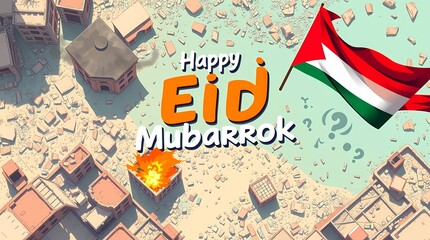 A ruined cityscape, celebrating Eid with a flag and text