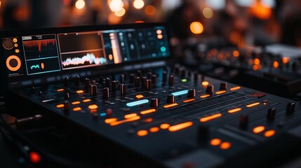 Close-up of a professional audio mixing console with colorful displays and controls