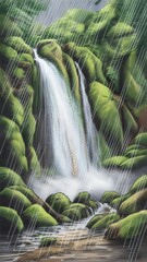 Through the rain discover serenity in a lush green waterfall surrounded by vibrant foliage, perfect for a calming smartphone wallpaper design