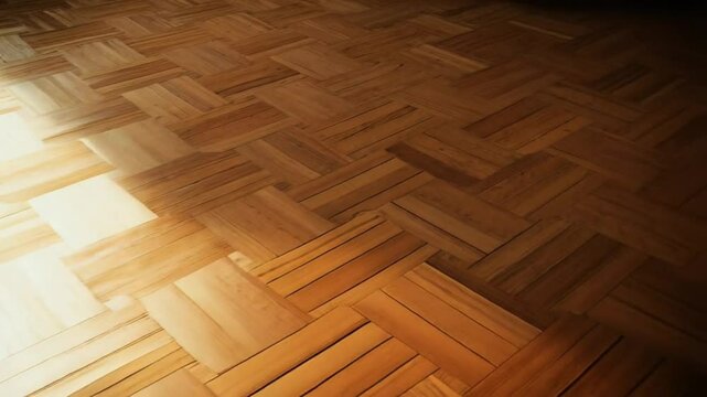 View of a herringbone pattern wood floor with sunlight casting a shadow across the surface area background texture video