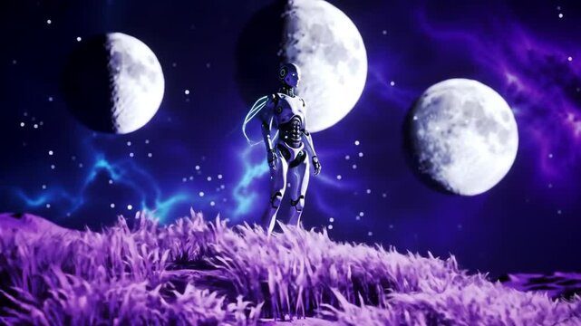 Futuristic Robot Standing in Lavender Field with Cosmic Sky Three Moons and Nebula Purple Scenery Perfect for Tech AI and Space Exploration Concepts