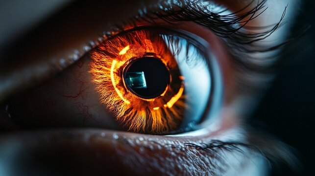 Close-up of an eye, vibrant orange-yellow iris with a glowing ring, reflecting a dark shape in the pupil