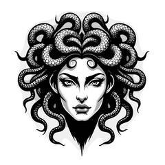 Vector Black and White Medusa Gorgon Woman Head with snakes Illustration
