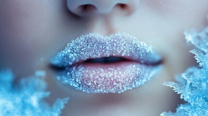 Close-up of a woman's lips covered in frosty, icy crystals