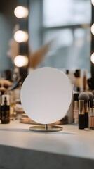 Blank Round Mirror Mockup On Makeup Vanity With Brushes And Beauty Products In Dressing Room Under Soft Lighting Perfect For Design Display