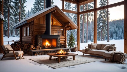 Cozy log cabin in winter
