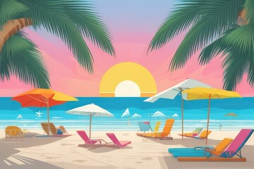 Obraz premium Summer Vacation Beach Illustration — Flat Vector with Palm Trees, Coconut Drink, and Sunset
