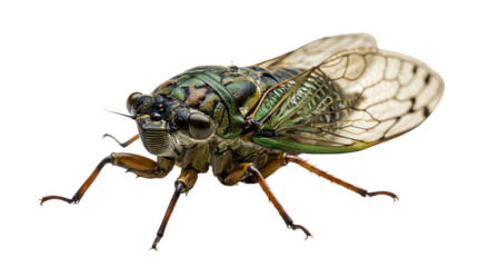 Detailed Closeup of a Green and Brown Cicada with Veined Wings