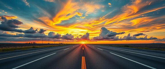 Vast asphalt road stretches towards a vibrant sunset sky with dramatic clouds,  above,  evening