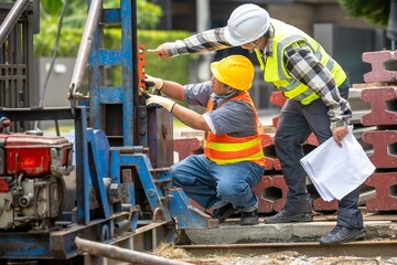 Construction Site Worker Supervising and Assisting a Colleague in Operating Concrete Drilling Equipment with Safety Gear and Bright Vests Near Brick Walls