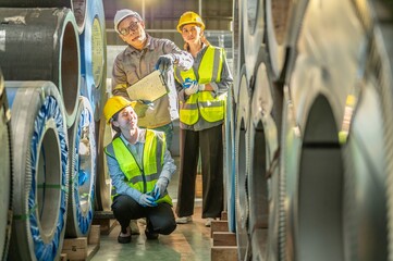 Industrial workers wea safety helmets and reflective vests inspecting large steel coils in a factory warehouse setting du daytime