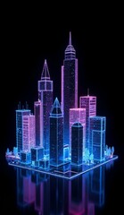 Fototapeta premium Neon-lit cityscape with reflective water surface and futuristic skyscrapers