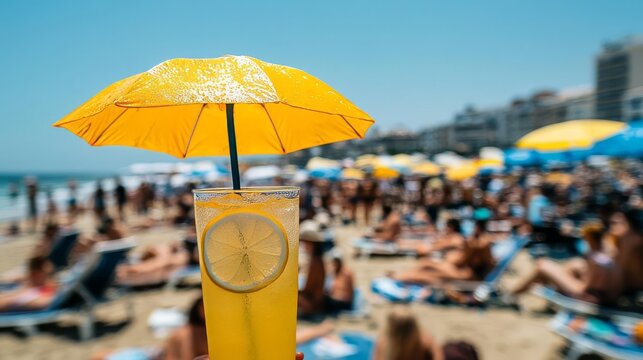 Beach Vibes: Refreshing Lemon Drink Under a Yellow Umbrella