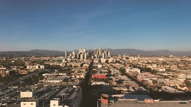 4K drone Video of downtown Los Angeles during sunset as a stablishing shot 4K