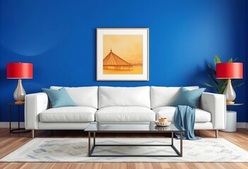 White sofa against a vibrant blue wall in a stylish living room,  interior,  chic