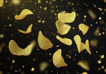 Crispy potato chips and fresh sliced potatoes floating in mid-air