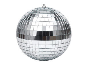 Shiny disco ball reflecting vibrant lights.