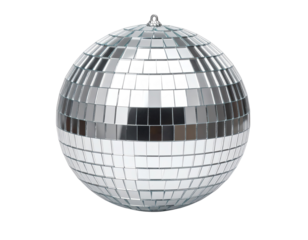 Shiny disco ball reflecting vibrant lights.