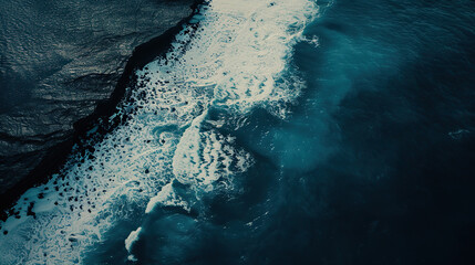 Aerial view of Antarctica's icy coastline with dramatic glaciers meeting the deep blue ocean, vast copy space for text overlay. Polar landscape, climate change, global warming and environmental conser