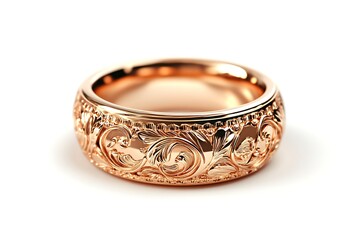 Close up of a rose gold ring with intricate floral carvings on a white background in studio light