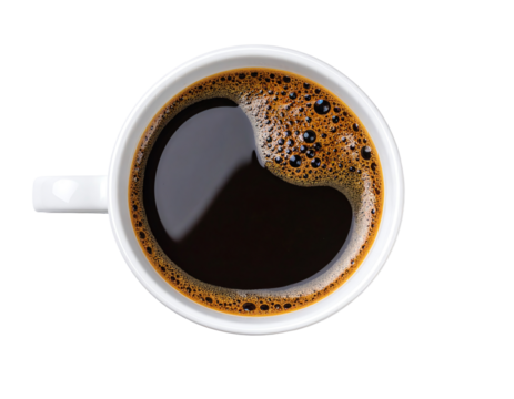 A top view of a steaming coffee cup.