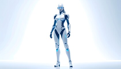 Futuristic robot woman in clean white space.