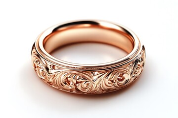 Close up of a rose gold ring with intricate floral designs on a white surface casting soft shadows