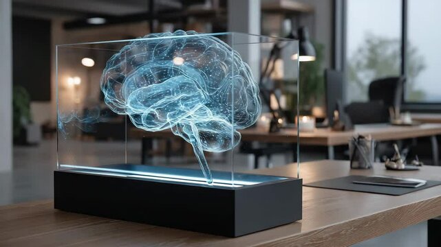 A translucent display case showcasing a digital rendering of a human brain