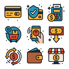 Icons representing online shopping and payment methods. Suitable for websites, apps, brochures, and social media posts related to ecommerce.