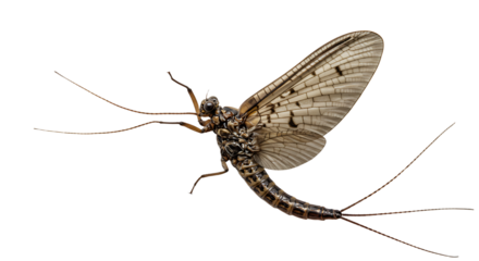 Detailed Mayfly with Veined Wings and Three Long Cerci Viewed from Below