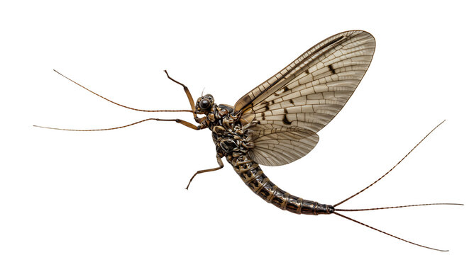 Detailed Mayfly with Veined Wings and Three Long Cerci Viewed from Below