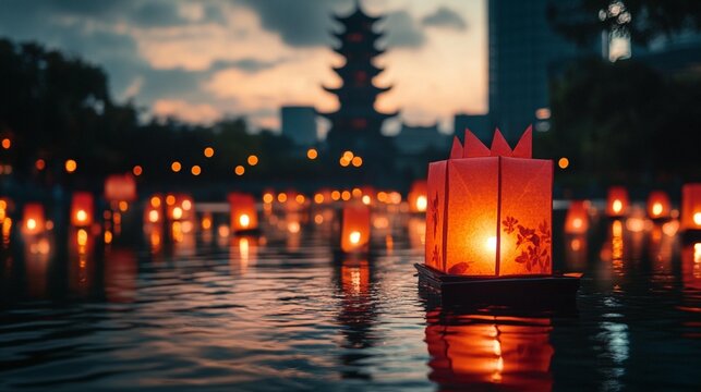 Floating lanterns on water, reflecting sunset light, with pagoda in background